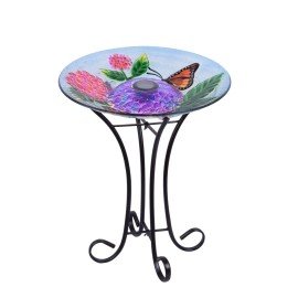 Hi-Line Gift Solar Glass Bird Bath W/Metal Stand-Butterfl