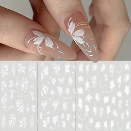 Flower Nail Art Stickers Decals 5D Embossed White Flower Nail Stickers 3PCS Floral Self-Adhesive Nails Design Elegant Flowers Nail Art Decals Supplies for Women Summer DIY Manicure Decoration