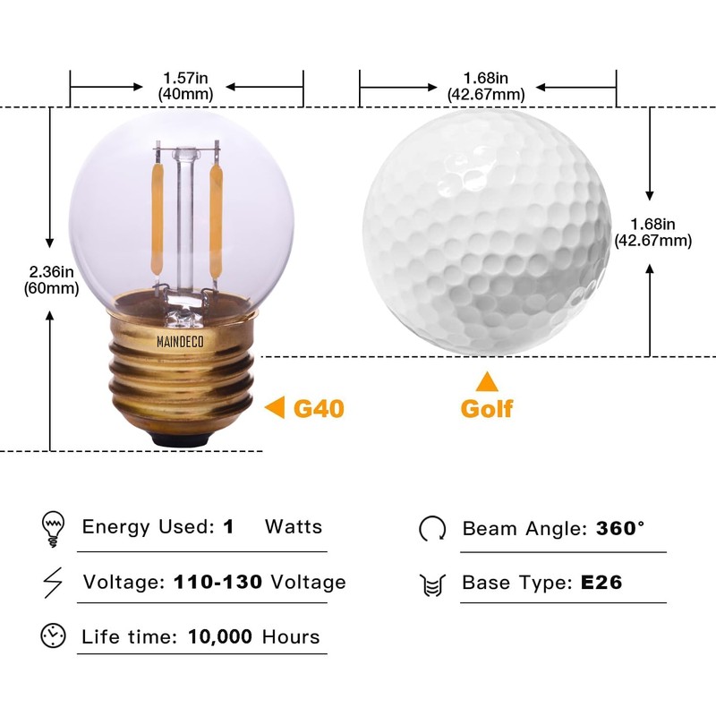 MAINDECO G40 Low Wattage Bulb,E26 Base,1W Mini Globe LED Bulb,