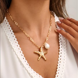 YUJIE Gold Starfish Necklace for Women Adjustable Shell Pearl Charm Necklace Gold Plated Ocean Pendant Fashion Summer Jewelry