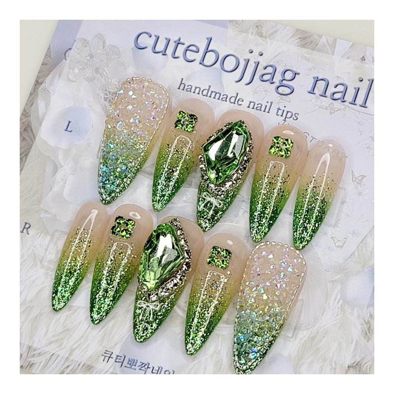 Green Glitter Handmade Nail Tips - Coffin Egg / 그린