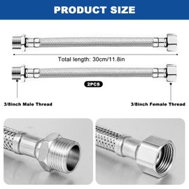 Pack of 2 304 Stainless Steel Flexible Hose,30CM Long Shower Pipe Hose 3/8 Inch BSP Thread,High Pressure Resistant Tap Connector Pipes for Plumbing Bathrooms Kitchens