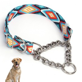 Stainless Steel Chain Martingale Collar for Dogs, No Pull Slip Cinch Choker Choke Collar Training Escape Proof Heavy Duty Dog Collar for Small Medium Large Pet Boy Male Dogs, Western Boho Aztec M