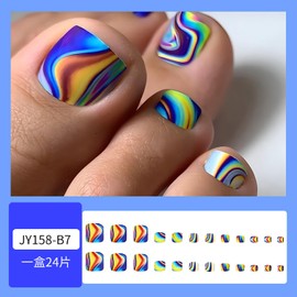 Rainbow Press on Toenails Summer Fake Toe Nails Short Square False Toenails Colorful Acrylic Toenails Cute Artificial Toenails Reusable Glue on Toenails Full Cover Stick on Toenails for Women 24Pcs