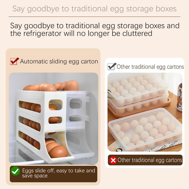 MEETOZ 4 Tiers Egg Holder for Fridge, Automatic Scrolling Egg