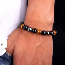 KIOMOY Triple Protection Bracelet For Protection Bring Luck And Prosperity Hematite Black Obsidian Tiger Eye Stone Bracelets (yellow)