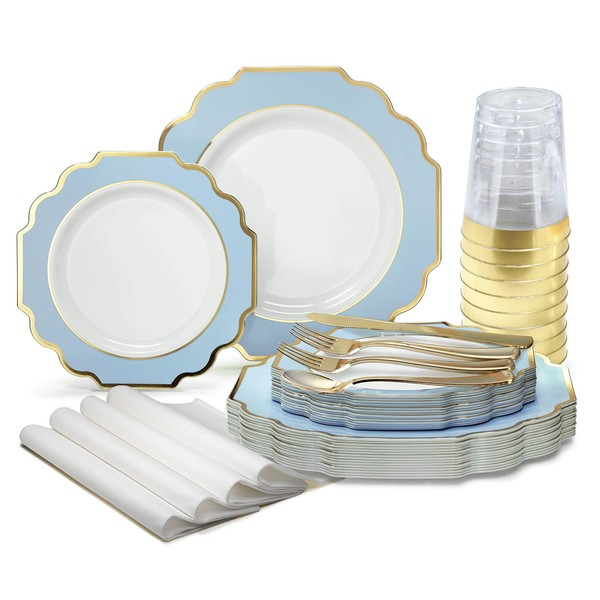 " OCCASIONS" 320 Piece set (40 Guests)-Heavyweight Wedding Party Disposable Plastic Plate Set - 40 x 10.5'' + 40 x 8'' + Silverware + Cups + Napkins (Imperial in White/Blue & Gold)
