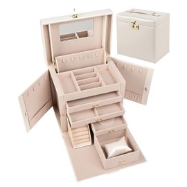 SANSREPONSE Jewelry Box Large Organizer Faux-Leather with Mirror Drawers Lock Three Sizes Gift for Women (White-L)