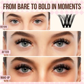 LASHVIEW Cluster Lashes 144Pcs D Curl Lash Clusters Natural Fluffy and Wispy Lashes Individual Cluster Super Thin Band Individual Eyelashes Soft and Comfortable for All Day (B24)