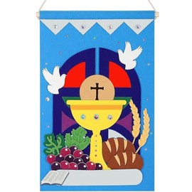Jcwto First Communion Banner Kit - Holy 1st Communion Felt Banner Kit Baptism Christian Cross DIY Craft Decorations, Make Your Own Sunday School Church Hanging Crafts Supplies for Boys (Blue)