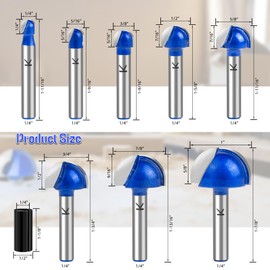 SMJXTOP 8Pcs Cove Box Round Nose Router Bit Set 1/4 Inch Shank, Carbide Tipped Core Box Router Bit-1/4 5/16" 3/8" 1/2" 5/8" 3/4" 7/8" 1" Cutting Diameter, for DIY, Woodworking Project
