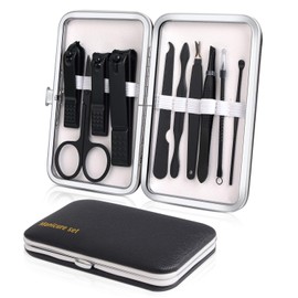 Manicure Set, Travel Mini Nail Clippers Kit Pedicure Care Tools, 10pcs Stainless Steel Grooming kit (Black)