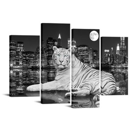 Conipit White Tiger Canvas Wall Art Large Black And White Tiger Picture Wild Animal Prints City Reflection In Water Artwork Framed 48''X32''