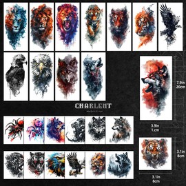 CHARLENT 25 Sheets Beast Temporary Tattoos for Men Adult - 12 Sheets Sleeve Arm Watercolor Lion Wolf Fake Tattoos,13 Sheets Tiger Eagle Tattoos For Men