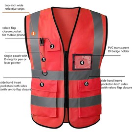 AKEIVN Hi Vis Vests for Women Men High Visibility Reflective Safety Security Vest with Pockets Zipper Front Meets ANSI/ISEA Standards(Large,Red(cloth))