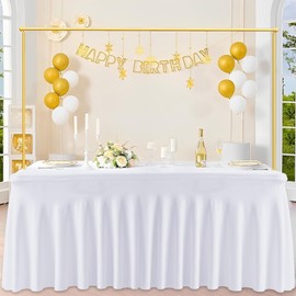 JCJ Table Skirt for Rectangle Tables Set of 6 Spandex Fitted White Tablecloths for 6FT Tables, Wrinkle Resistant Ruffles Elastic Table Cover Skirts for Teacher Desk Weddings Banquets Parties