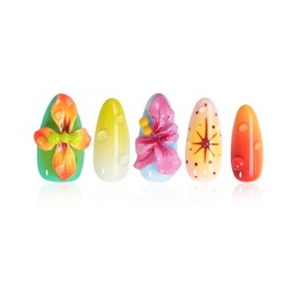 HOMSERA Colorful Press on Nails Medium Almond Handmade Press on Nails with 3D Flower Starfish Grapefruit Design, French Tips Acrylic Fake Nails for Women, Beach Vacation Bikini DIY Manicure Set