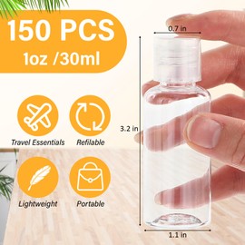 Mimorou 150 Pcs 1oz Empty Plastic Travel Bottles for Toiletries Clear Small Travel Size Bottles Bulk Refillable Empty Containers for Shampoo Lotion Liquid Body Soap Cream Toiletries