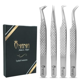 OMANIA Eyelash Extension Tweezers Set 4PCS – Lash Tweezers Kit for Volume, Classic & Isolation – Precision Eyelash Tweezers for Lash Extensions, Non Slip Professional Lash Tools