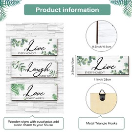 3 Pieces Live Laugh Love Wooden Sign Eucalyptus Leaves Wall Sign Farmhouse Botanical Leaf Sign Green Plants Hanging Wood Plaque Family Quotes Rustic House Wall Decor for Home Living Room Decoration