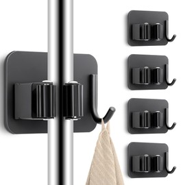 Batur 4 Pack Broom Holder Wall Mount, Super Anti-Slip Mop and Broom Holder Wall Mount, Self Adhesive Broom Organizer Hanger Gripper for Bathroom, Kitchen, Laundry Room Storage, Black