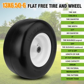 2PCS 13x6.50-6 Flat Free Tire and Wheel with 1/2" & 3/4" & 5/8" Precision Bearings and 4"-7.4" Centered Hub, Front Zero-Turn Smooth Tire Replacement for Riding Lawn Mowers Garden Tractor-White