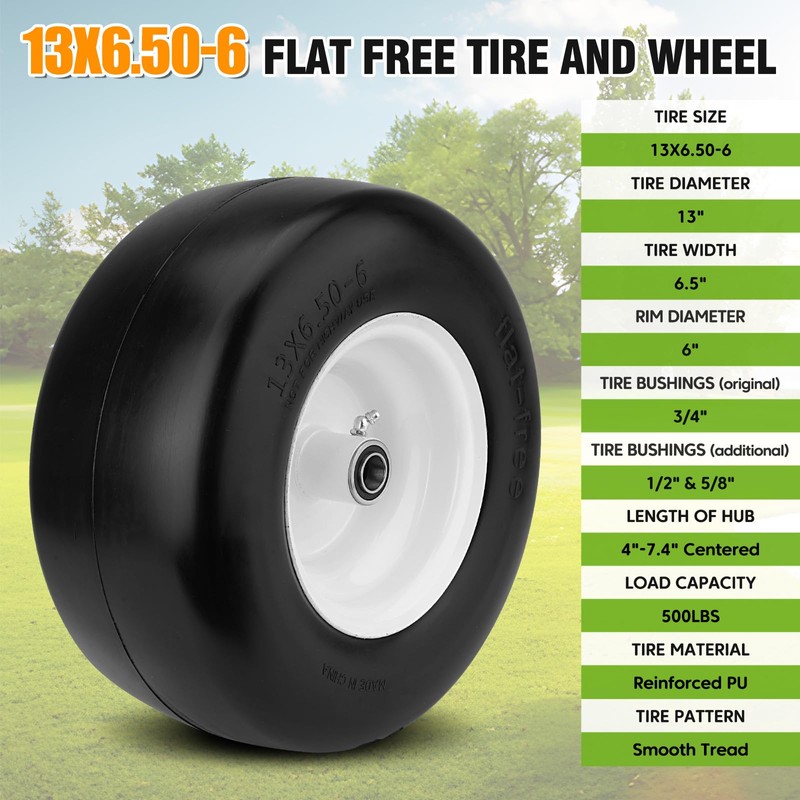 2PCS 13x6.50-6 Flat Free Tire and Wheel with 1/2" &