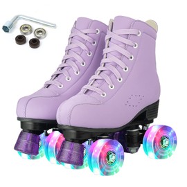 Comeon Roller Skates Women Outdoor High-top Adult Roller Derby Skates Wheels Light Up Roller Skates Double Row Quad Skates for Men Girls Unisex (Purple Flashing Wheel,37)