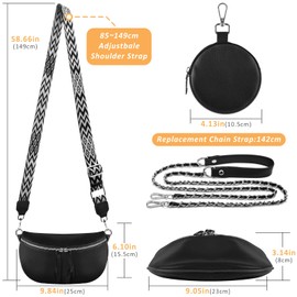 BROTOU Genuine Leather Crossbody Bag with Adjustable Wide Strap, Chain Strap & Small Cosmetic Bag, Large Capacity Shoulder Bag for Ladies Girls Travel Shopping Daily Use (Black)