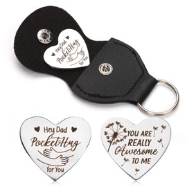Pocket Hug Token, Hey Dad Long Distance Gifts Double Sided Pocket Hug Coin Stainless Steel Special Father's Day Present with Leather Keychain for Dad Papa Father Birthday Festivals