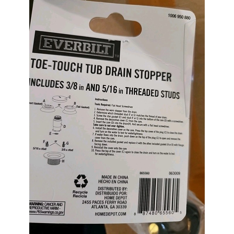 Everbilt Gold Tub Drain Toe Touch Kit