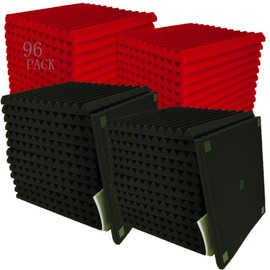 96 Pack Allxinlog Absorb the echo Acoustic Foam Panel Wedge Studio Soundproofing Wall Tiles 12" X 12" X 1" (48RED+48BLACK)