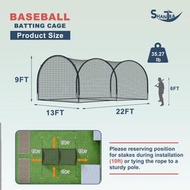 SHANTRA Batting Cage with Frame and Net, 13ft & 22ft Baseball Batting Cage for Backyard, Baseball & Softball Hitting Cage Netting for Outdoor Hitting & Pitching Practice,22×13×9ft