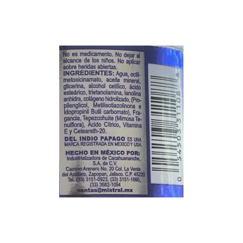 Del Indio Papago Tepezcohuite 4.23 Oz Crema Piel Colágeno Y