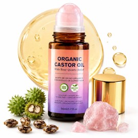 Organic Castor Oil Roll On with Natural Rose Quartz Roller,100% Pure Cold-Pressed Castor Oil Hexane Free for Nourishing Eyelashes Eyebrows,Hair,Under Eye,Scalp,Nails,Cuticles,Face Skin Care,1.7Fl Oz