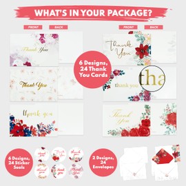 Decorably Thank You Cards with Envelopes & Stickers, Floral-Themed Cards - 24 Pack Gold-Foiled Red Floral Thank You Cards, Blank Inside Thank You Cards, 6x4in Red Thank You Cards