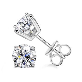 Sllaiss Sterling Silver Cubic Zirconia Stud Earrings for Women Men 14k White Gold Plated Round CZ Earrings for Sensitive Ear (Silver, 8.5MM(4.5CT))