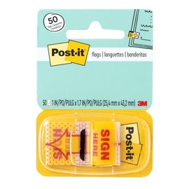 Post-it Banderas de mensajes impresas, cartel aquí, 1 dispensador, 50 banderas, 1 pulgada de ancho, amarillo (680-9)