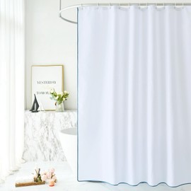 youngseahome Faux Linen Fabric Cloth White Shower Curtain with Water Blue Border Bathtub Curtain Boho Modern Shower Curtains for Bathroom and Hotel,72 x 72 Inches