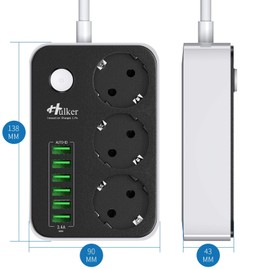 Mehrfachsteckdose Hulker Steckdosenadapter 3 Fach/Steckdosen 6 USB -Anschlüsse, Steckdosenleiste Mit Überspannungsschutz, 1.6M Verlängerungskabel EU Steckdose
