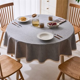 Linen Textured Round Tablecloth with Lace Trim - Waterproof Spill Proof Table Cover for Kitchen Dining Tabletop Decoration, Grey, Round - 78 inch
