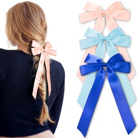 3 PCS bows for hair,Long tail satin ribbon hair bows,Including pink hair bow,Suitable for women, girls, and young children with ponytails and hair bow clips,Blue sapphire blue pink
