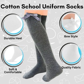 Panzy® 3 pairs Girls Bow Knee High School Plain Long Length Cotton Stretch With all size & colour (Set of 3 pairs) (UK 12-3.5 (EU 30-35.5) fits 7-10 yrs, Navy)