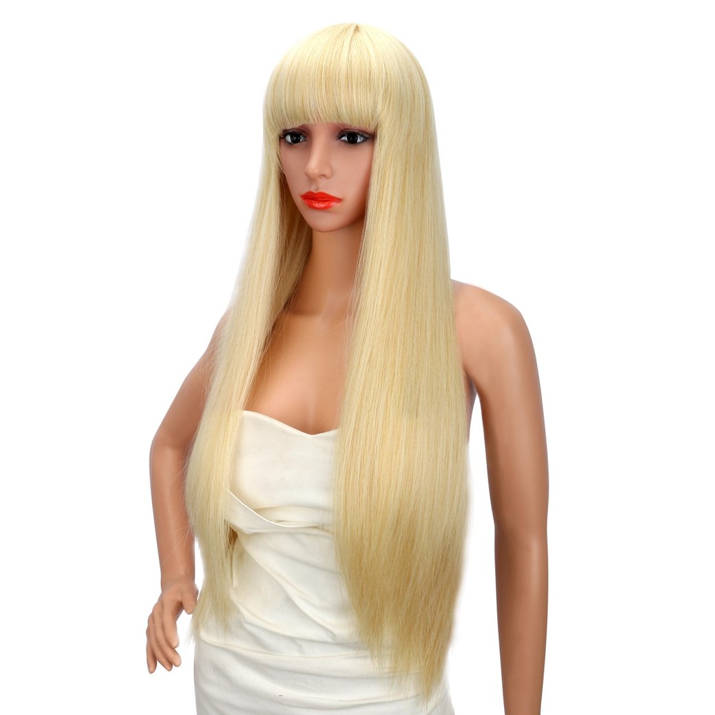 Kalyss 28 Inch Women's Long Straight Premium Yaki Synthetic Blonde Full Hair Wig with Hair Bangs