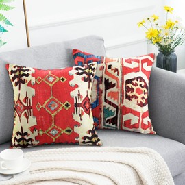 Cushion Cover 40 x 40 cm Pattern Set of 4 Decorative Cushions Colourful Red Tribal Decorative Cushion Living Room Bedroom Garden Outdoor Couch Bohemian Cushion Covers Persian Rug Style