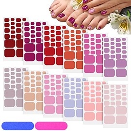 264 Pieces 12 Sheets Toenail Polish Stickers Strips Full Toe Nail Wraps Adhesive Toe Nail Wraps DIY Solid Color Toe Nails Manicure Decal with 2 Pieces Nail Files for Women Girls Nail (Bright Colors)