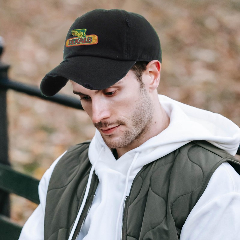 ALLNTRENDS Dekalb Corn Hat Distressed Dad Hat Buckle Cap (Black)