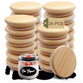 Oui Yogurt Jar Lids, Cymuber Leak Proof Wooden Lids Set with Silicone Sealing Rings, Reusable Natural Bamboo Canning Lids Covers with Bottle Label for 5 Oz Oui Yogurt Jars Storage (24 Pack)