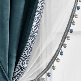 Lush Decor Luxury Vintage Velvet and Sheer with Border Pompom Trim Window Curtain (Single) Panel, 84" L x 42" W, Blue