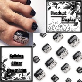 24Pcs Short Square Fake Toenails Glossy Silver Glitter Press on Toe Nails Flower Print Acrylic False Toes Nails Cute Black Splicing Full Cover Artificial Toenail Manicure Art for Coquette Women Girls